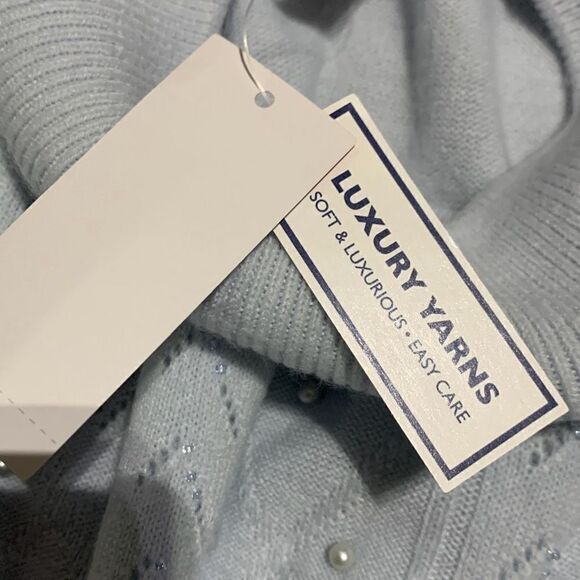 Basic editions VTG baby blue sweater Pearl like beads open knit design - Picture 6 of 9